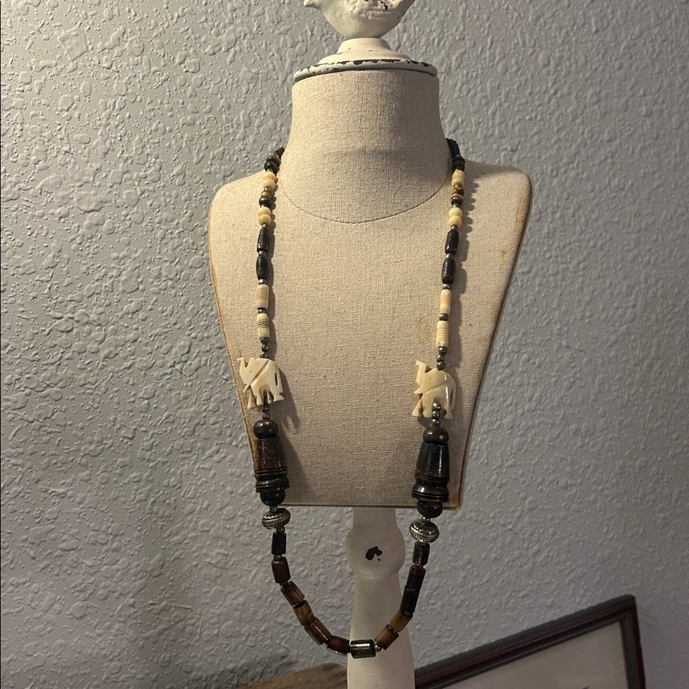 Enjoy Positive Energy with this Artisan Brown and Cream Beaded Elephant Necklace
